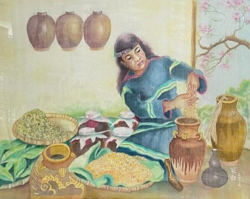 Phụ nữ đồng bào thiểu số Tây Nguyên được khắc họa qua tác phẩm “Cẩm cần vào ché rượu”. Ảnh: BTC