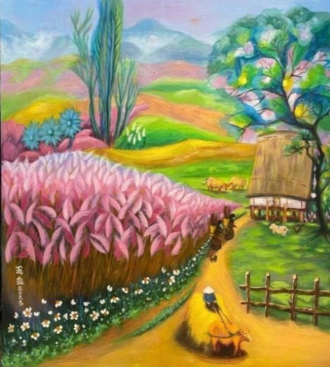 Tác phẩm “Phong cảnh nhà rông” phản ánh nét sinh hoạt của đồng bào Tây Nguyên. Ảnh: BTC