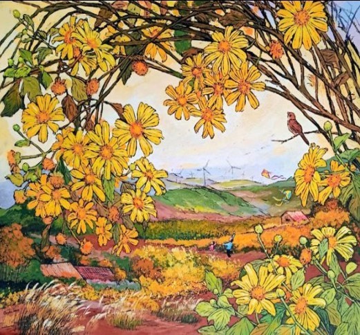 Với chất liệu in khắc gỗ màu, nữ họa sĩ Hoàng Duyên đã mang đến tác phẩm “Cao Nguyên mùa hoa”. Ảnh: BTC