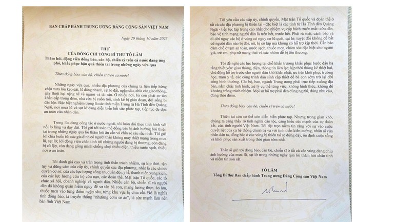 Thư của Tổng Bí thư Tô Lâm thăm hỏi, động viên đồng bào, cán bộ, chiến sĩ trên cả nước đang ứng phó, khắc phục hậu quả thiên tai