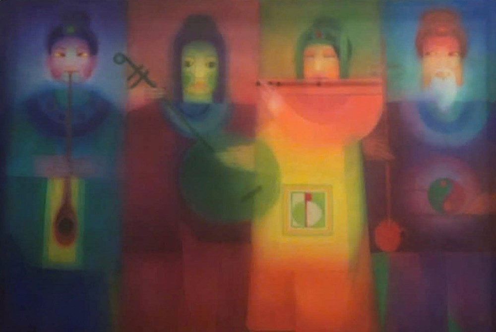 Tác phẩm “Đội nhạc xưa”, chất liệu lụa của tác giả Lê Tấn Lộc. Tác phẩm được trưng bày tại triển lãm.