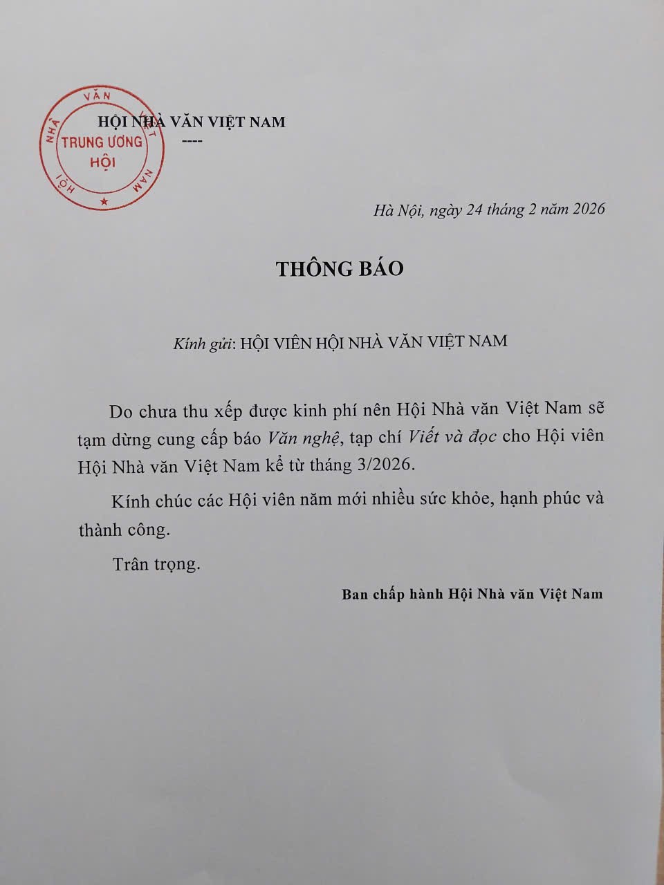 THÔNG BÁO: Tạm dừng cung cấp báo Văn nghệ cho Hội viên Hội Nhà văn Việt Nam