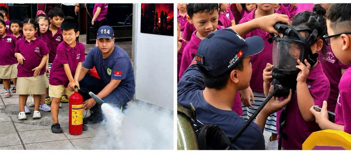 Các em nhỏ hào hứng tham gia trải nghiệm thực hành sử dụng bình chữa cháy dưới sự hướng dẫn của lực lượng cứu hộ, cứu nạn tại khu vực tuyên truyền kiến thức, kỹ năng phòng cháy, chữa cháy và cứu nạn cứu hộ. Ảnh: Ngọc Hà