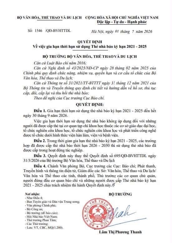Bộ VHTT&DL: Tiếp tục gia hạn thời hạn sử dụng thẻ nhà báo kỳ hạn 2021-2025 đến hết ngày 30/9/2026